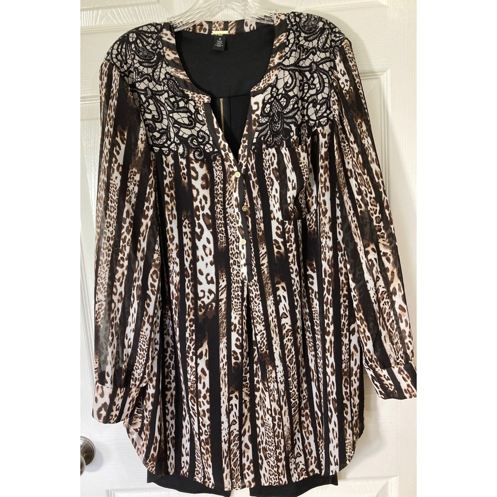 Chico's Black Label Womens Leopard Blouse Size 3 (XL/16) LS Preowned Gold Accent